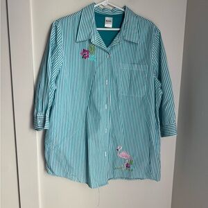 Blue Striped Button-Up Shirt with flamingo/floral Embroidery